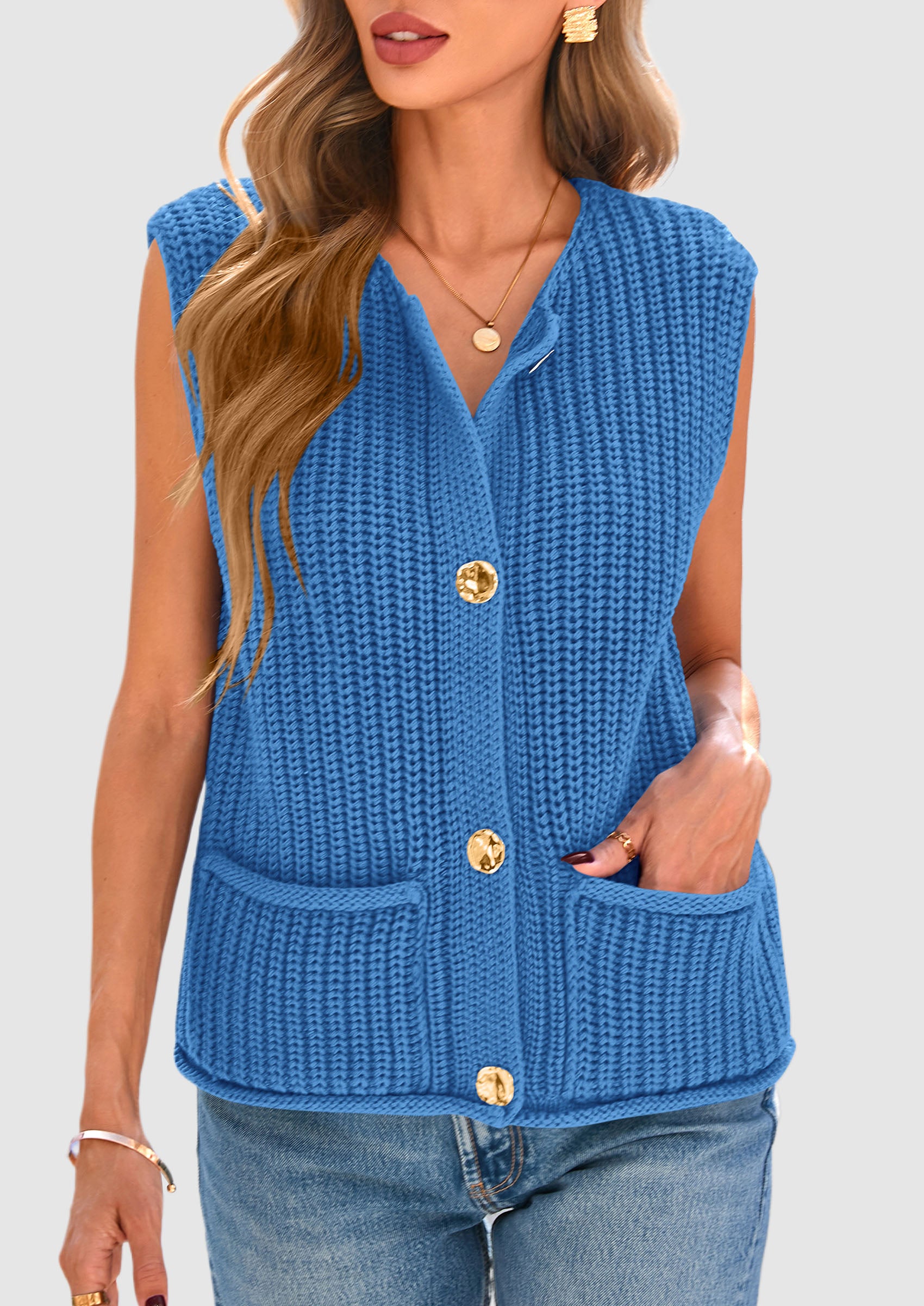 PRETTYGARDEN Women's Summer Sweaters Vest Sleeveless Button Down Cropped Pockets Chunky Knit Cardigan Trendy Tank Tops