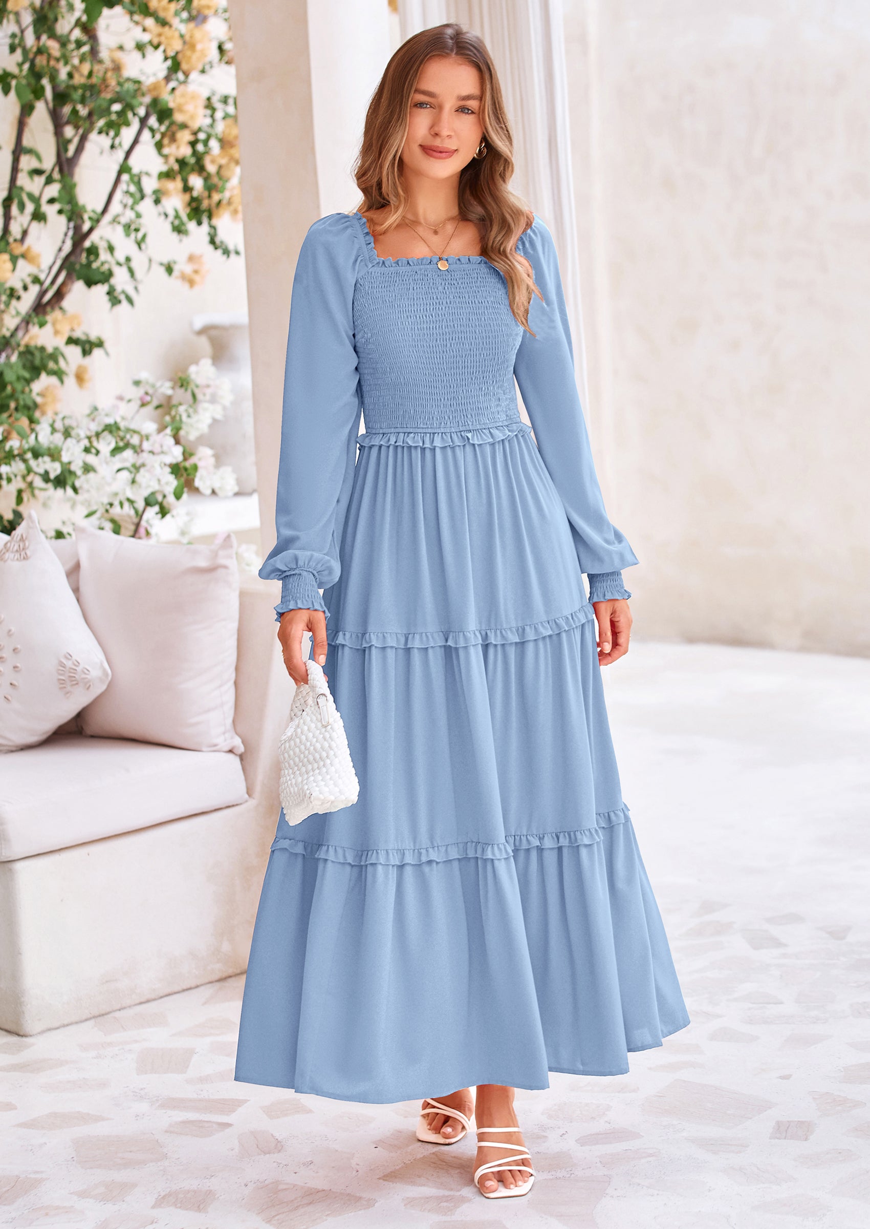 PRETTYGARDEN Fall Wedding Guest Dresses for Women Long Sleeve Square Neck Tiered A Line Modest Elegant Flowy Dresses