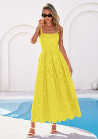 PRETTYGARDEN Womens Sleeveless Maxi Summer Dresses Hollow Out Eyelet Square Neck Ruffle Flowy Beach Vacation Sundress PRETTYGARDEN