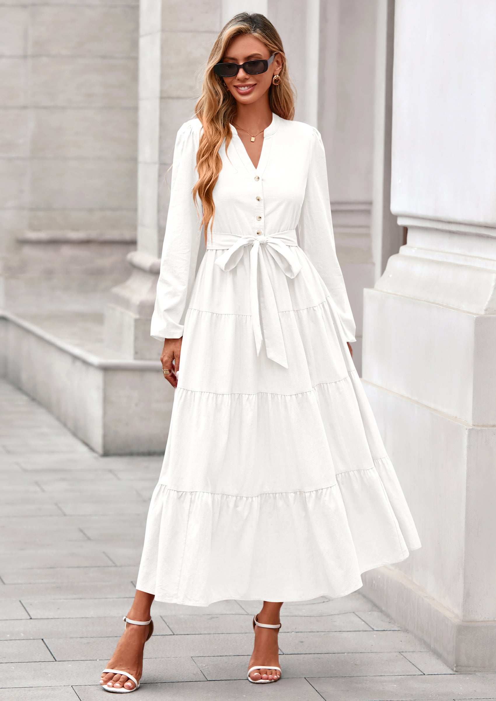 PRETTYGARDEN Fall Dresses for Women Long Sleeve V Neck Belted Ruffle A Line Flowy Boho Maxi Wedding Guest Dress Pockets