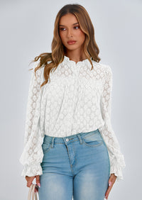 PRETTYGARDEN Lace Long Sleeve Tops for Women Eyelet Blouses Dressy Casual Hollow Out Button Down Shirts Summer Outfits