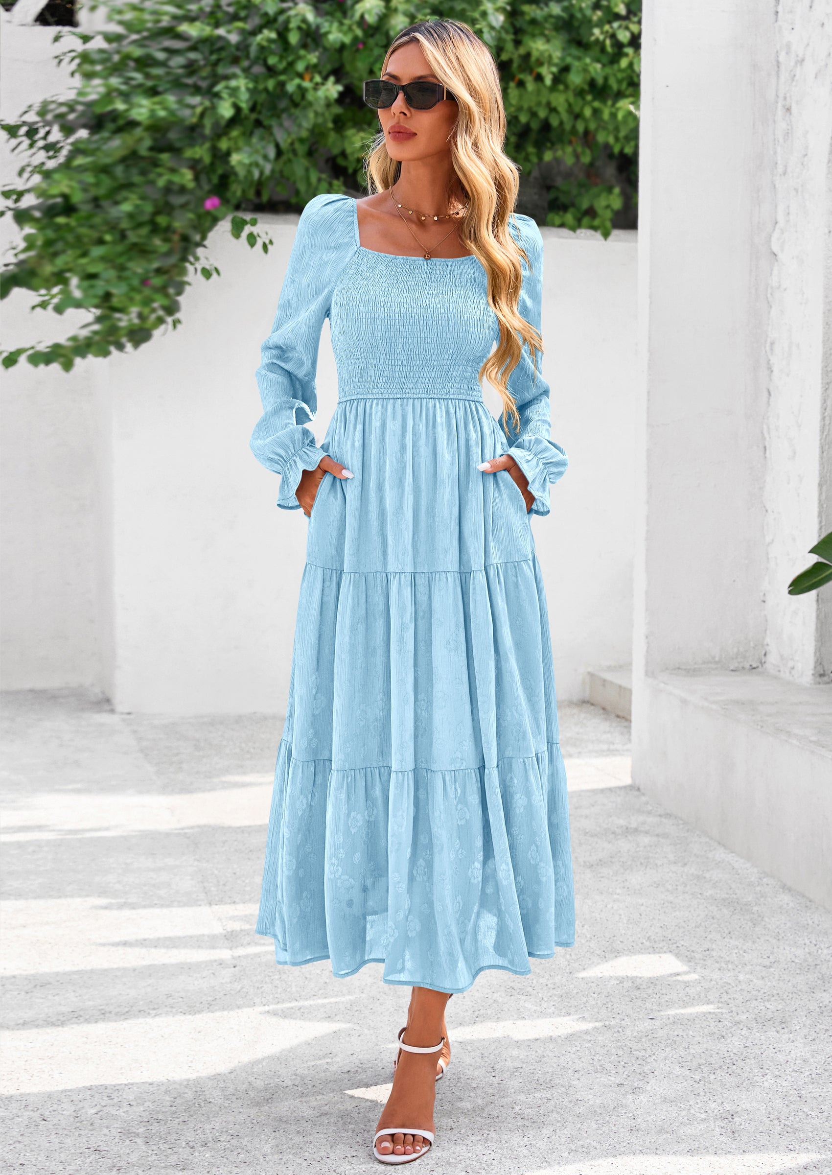 PRETTYGARDEN Fall Wedding Guest Dresses for Women Floral Long Sleeve Smocked Tiered Elegant Long Flowy Boho Dress