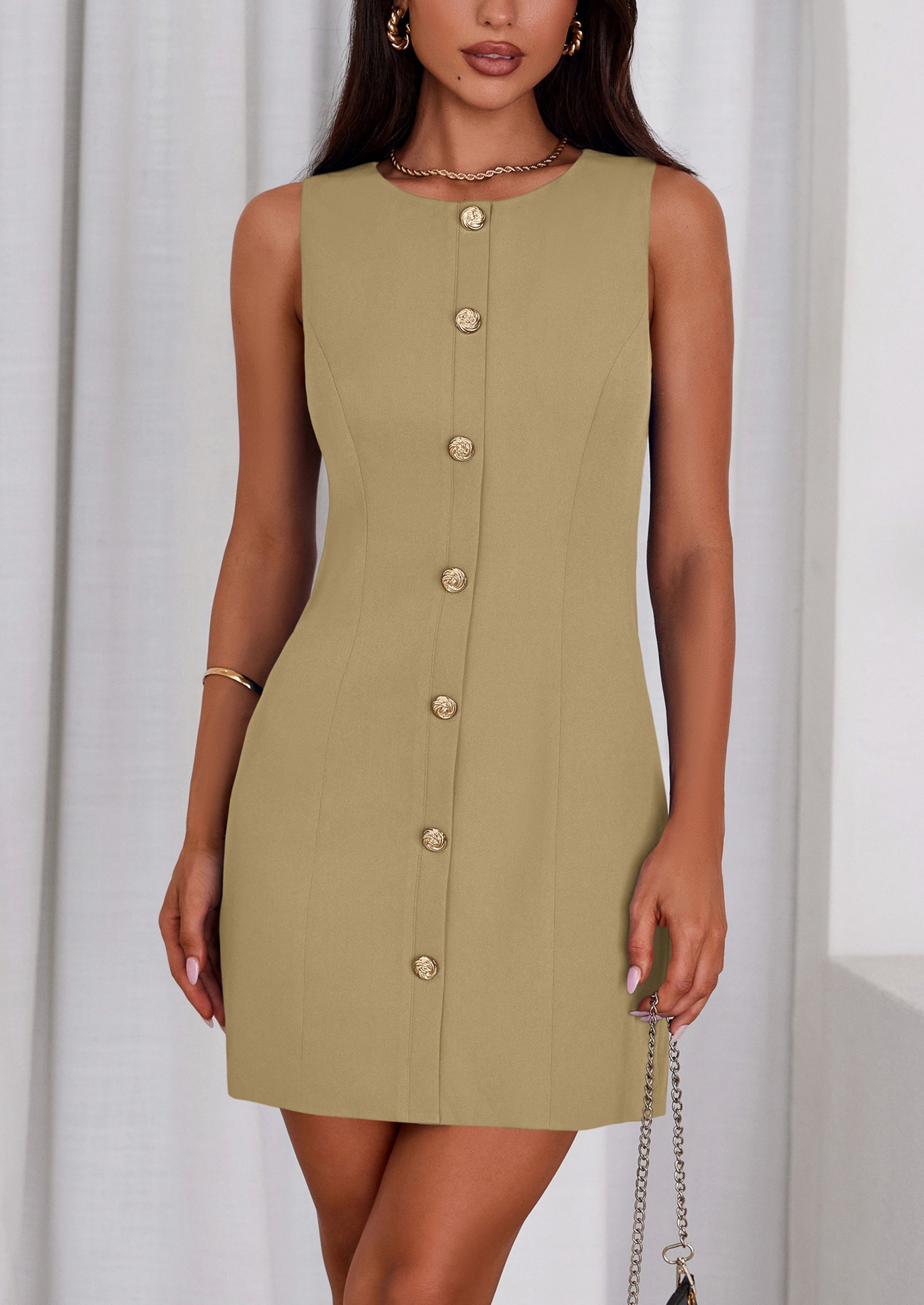 PRETTYGARDEN Work Dresses for Women Spring Business Formal Short Dress Sleeveless Button Down Elegant Office Outfits