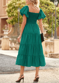 PRETTYGARDEN Women's Summer Casual Midi Dress Puffy Short Sleeve Square Neck Smocked Tiered Ruffle Dresses