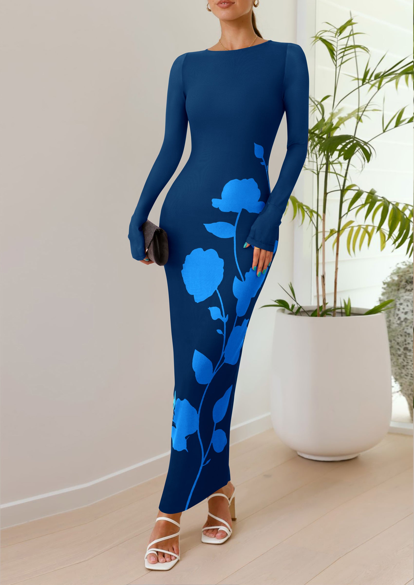 PRETTYGARDEN Bodycon Maxi Dress Fall Floral Long Sleeve Sexy Mesh Cocktail Wedding Guest Long Dresses
