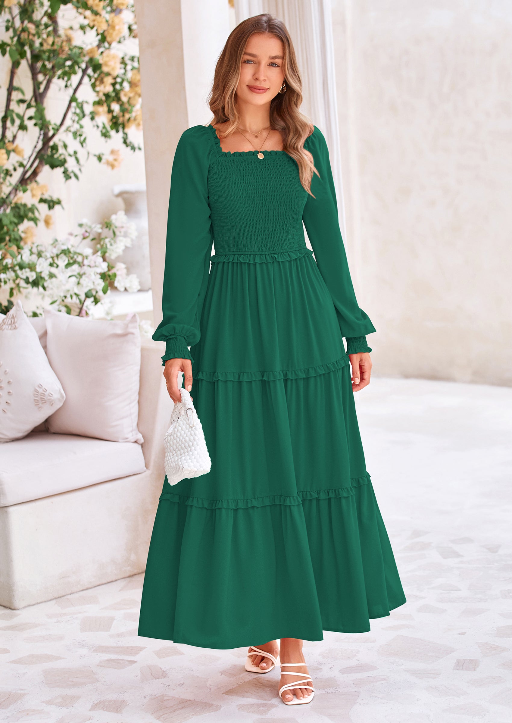 PRETTYGARDEN Fall Wedding Guest Dresses for Women Long Sleeve Square Neck Tiered A Line Modest Elegant Flowy Dresses