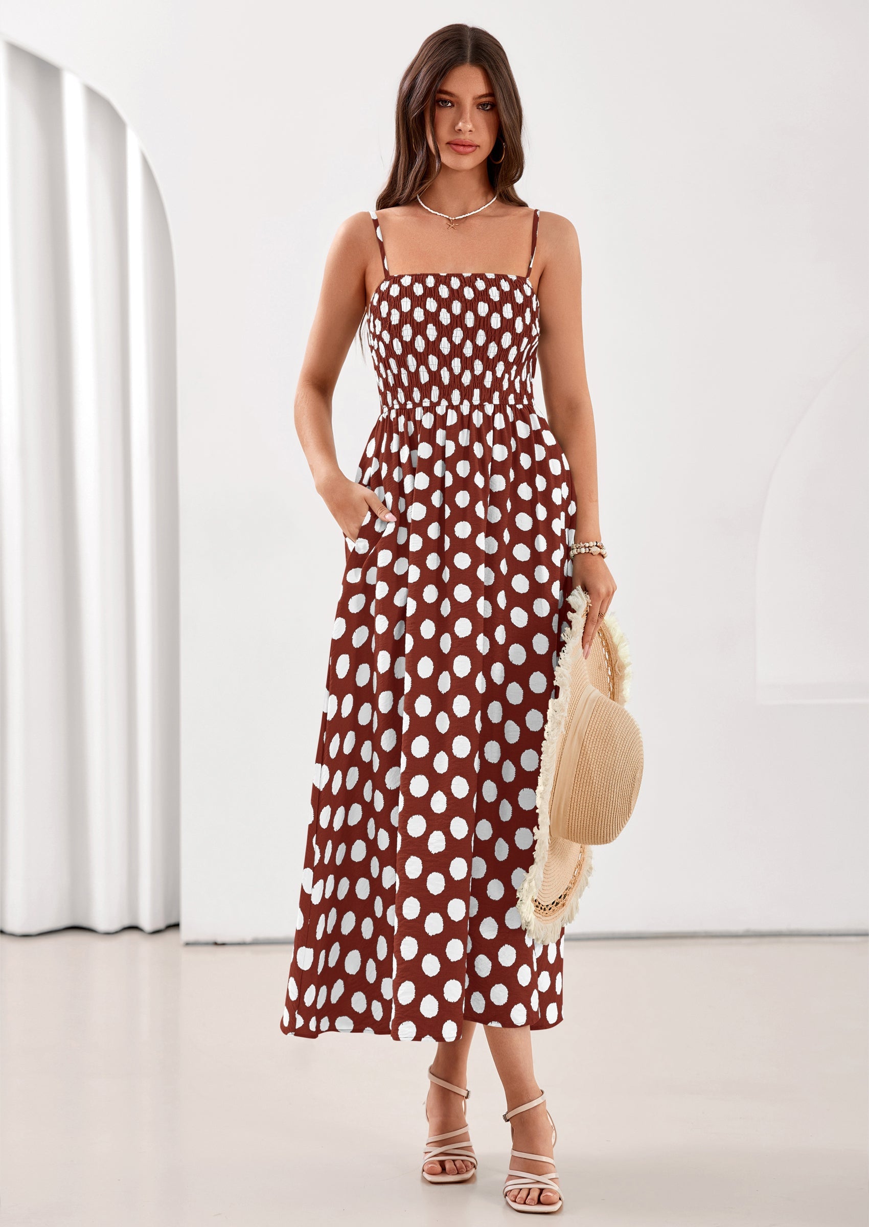 PRETTYGARDEN Womens Summer Dresses Spring Sleeveless Spaghetti Straps Casual Midi Dress Polka Dot Smocked Beach Sundress PRETTYGARDEN