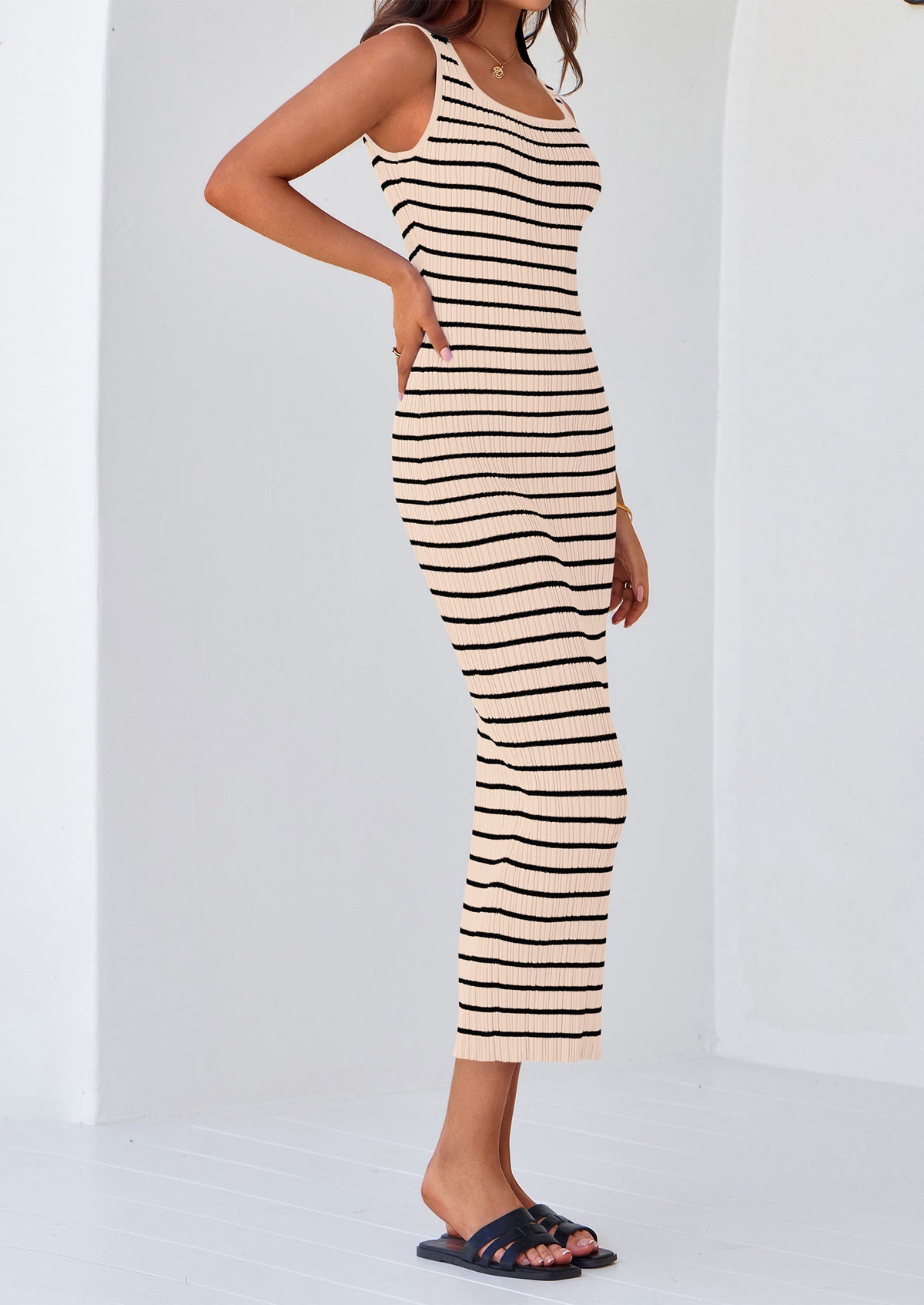 Womens Summer Tank Dress Casual Sleeveless Striped Ribbed Knit Long Dresses Beach Vacation Sundress