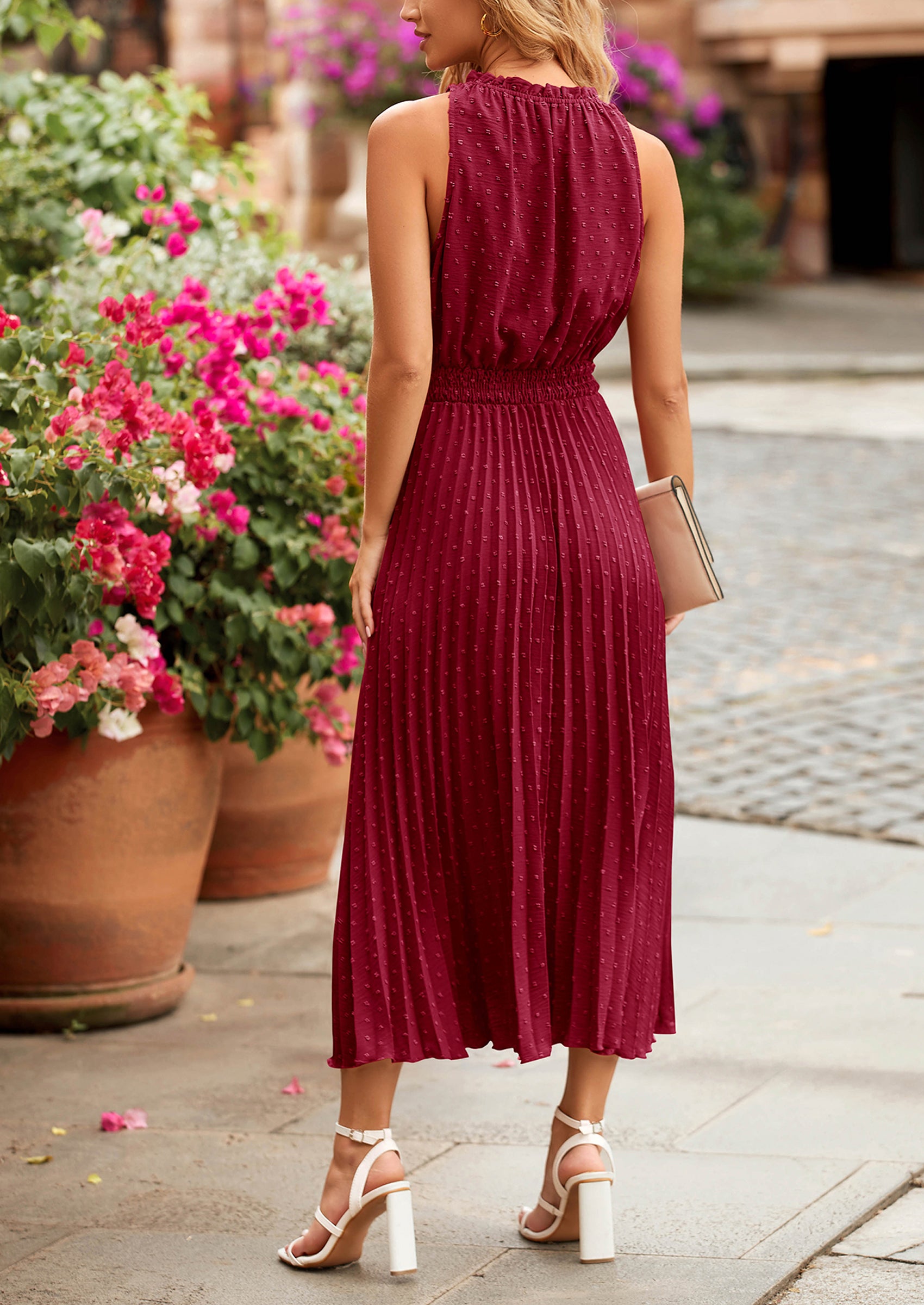 PRETTYGARDEN Women's Midi Summer Dresses Casual V Neck Swiss Dot Ruffle Sleeveless A Line Beach Sun Dress