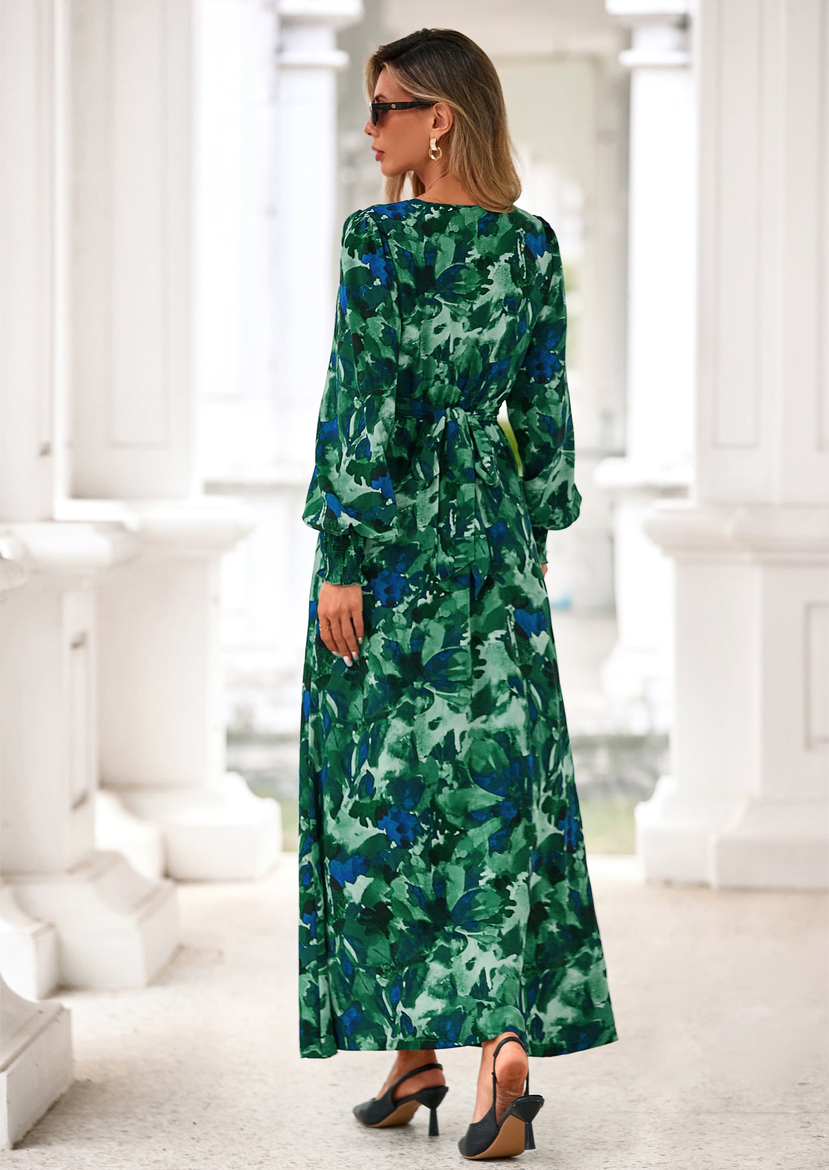 PRETTYGARDEN Women's Fall Boho Maxi Dress Floral Long Sleeve V Neck Flowy Belted Elegant Holiday Party Dresses