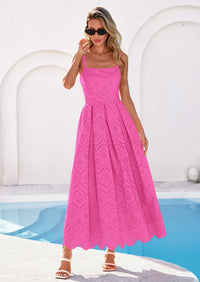 PRETTYGARDEN Womens Sleeveless Maxi Summer Dresses Hollow Out Eyelet Square Neck Ruffle Flowy Beach Vacation Sundress PRETTYGARDEN