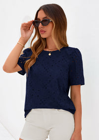 PRETTYGARDEN Women's Puff Short Sleeve Eyelet Shirts Summer Lace Blouses Dressy Casual Work Tops Spring Teacher Clothes PRETTYGARDEN