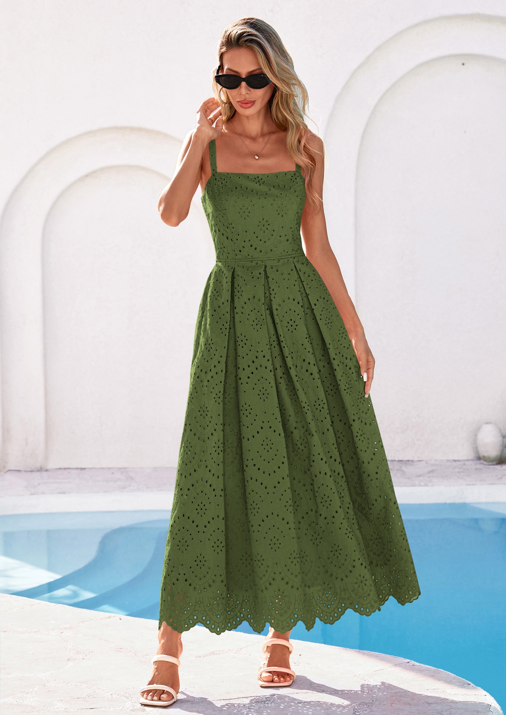 PRETTYGARDEN Womens Sleeveless Maxi Summer Dresses Hollow Out Eyelet Square Neck Ruffle Flowy Beach Vacation Sundress PRETTYGARDEN