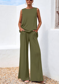 PRETTYGARDEN Women's Two Piece Matching Lounge Sets Asymmetrical Split Tank Tops Wide Leg Pants Summer Outfits Tracksuit