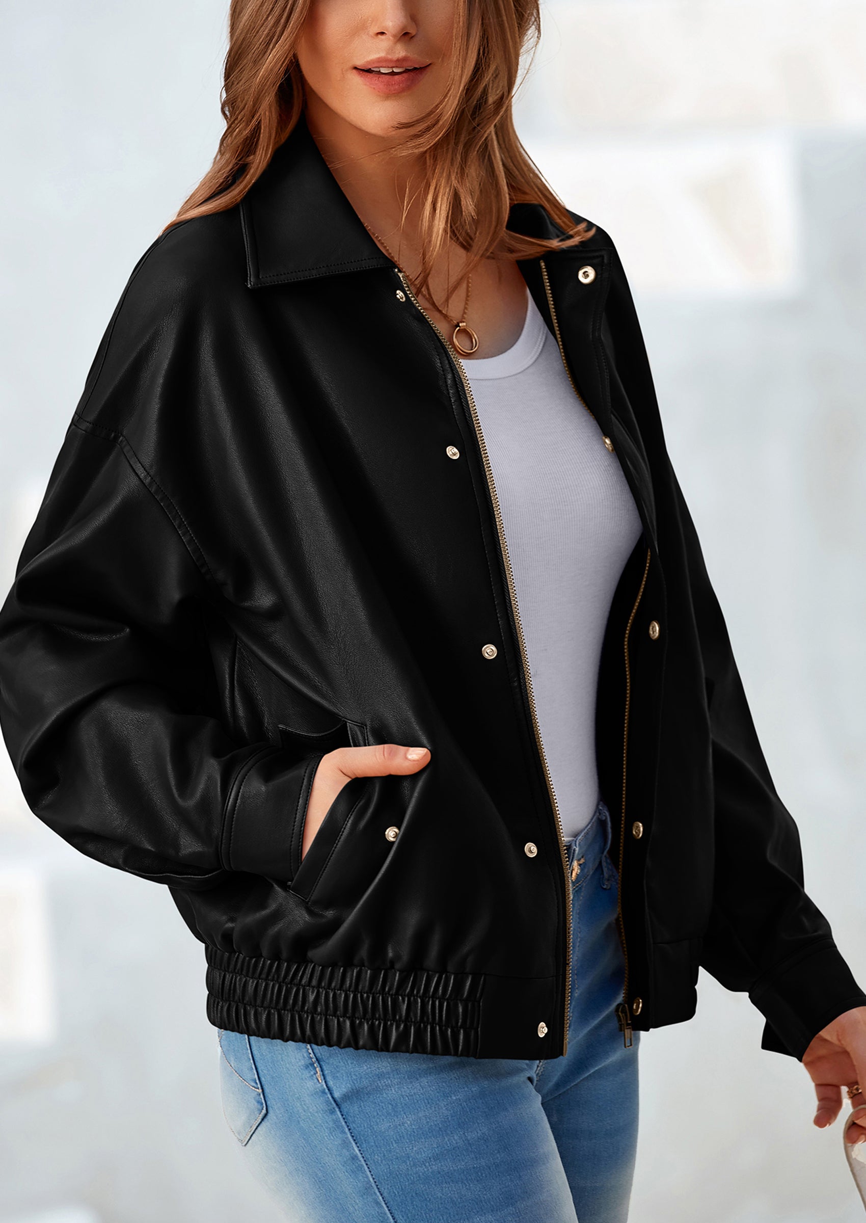 PRETTYGARDEN Women's Faux Leather Motorcycle Jacket Trendy Fall Spring Clothes Oversized Zip Up Winter Coat Outerwear