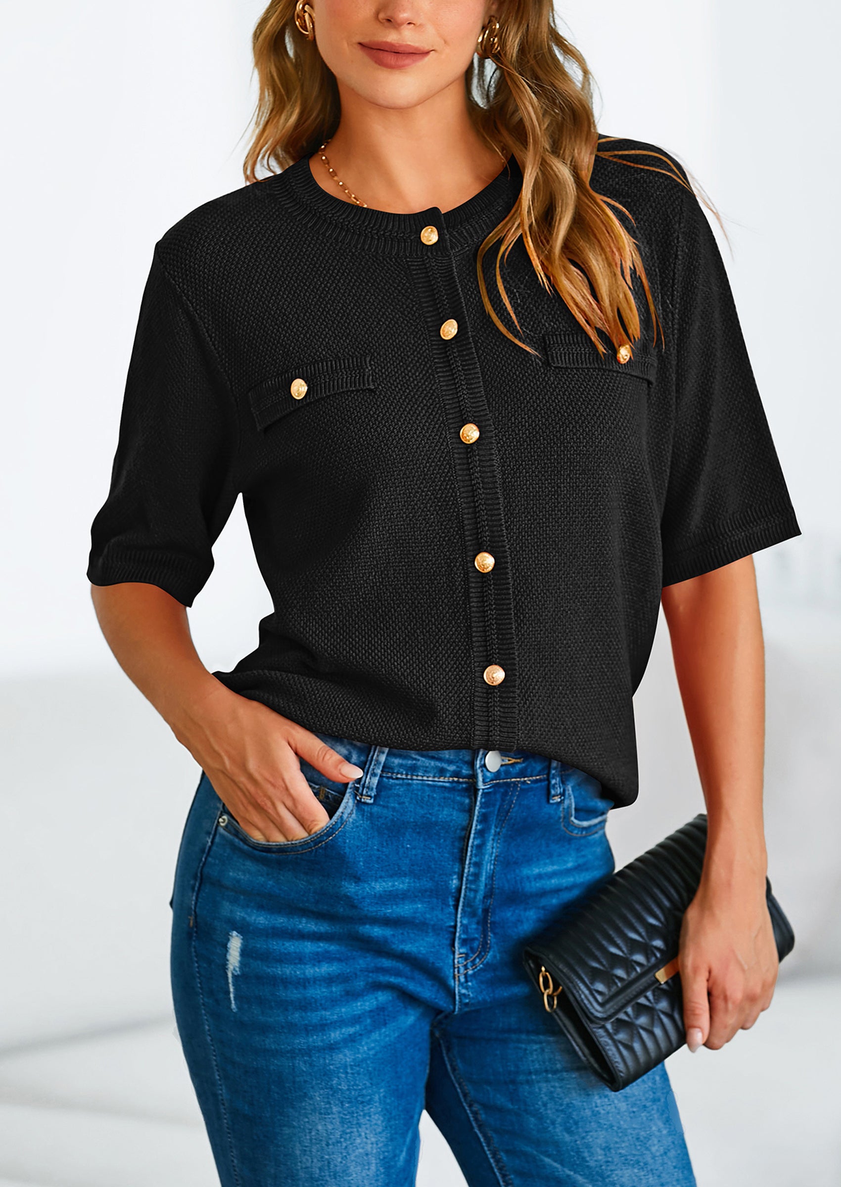 PRETTYGARDEN Women's Summer Button Down Shirts Casual Short Sleeve Crew Neck Ribbed Knit Blouse Top Cardigans