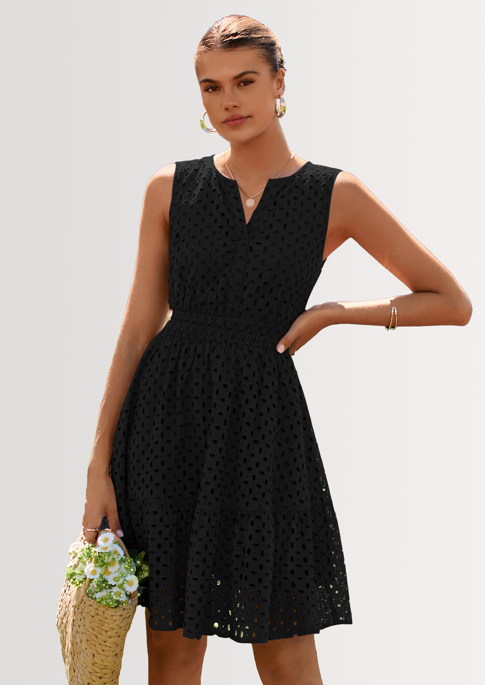 PRETTYGARDEN Women's Summer Dresses Sleeveless V Neck Eyelet Hollow Out Swing A Line Beach Vacation Sun Dress