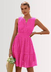 PRETTYGARDEN Women's Summer Dresses Sleeveless V Neck Eyelet Hollow Out Swing A Line Beach Vacation Sun Dress