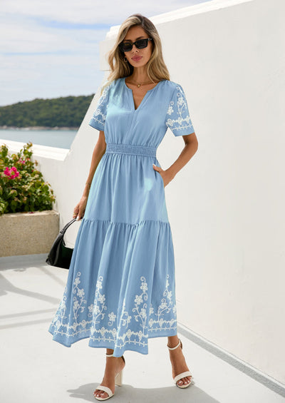 PRETTYGARDEN Women's Summer Boho Maxi Dress Spring Floral Short Sleeve V Neck A Line Flowy Beach Wedding Guest Dresses PRETTYGARDEN