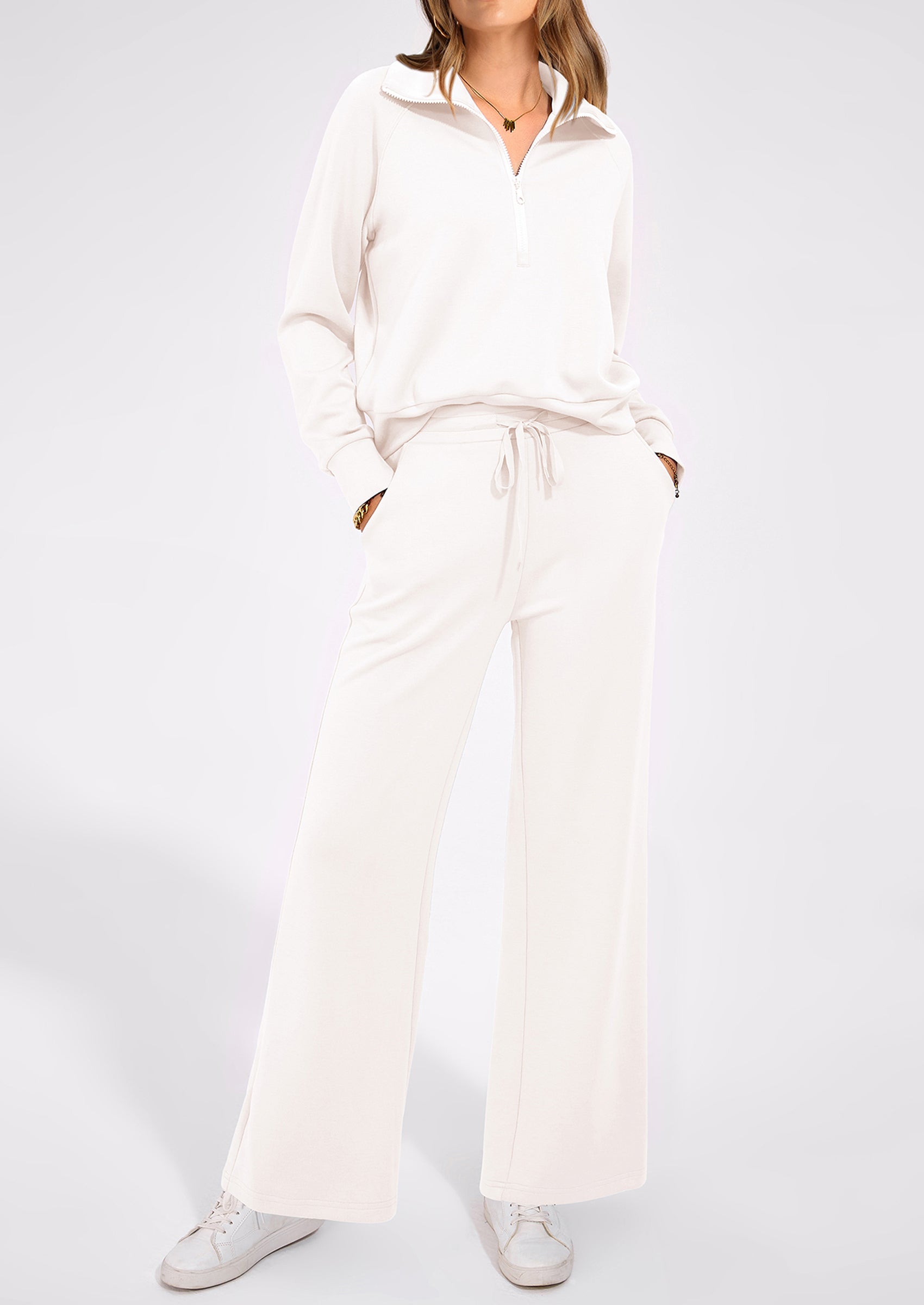 PRETTYGARDEN Women's 2 Piece Outfits Casual Lapel Half Zip Sweatshirts And Wide Leg Pants Tracksuit Sets