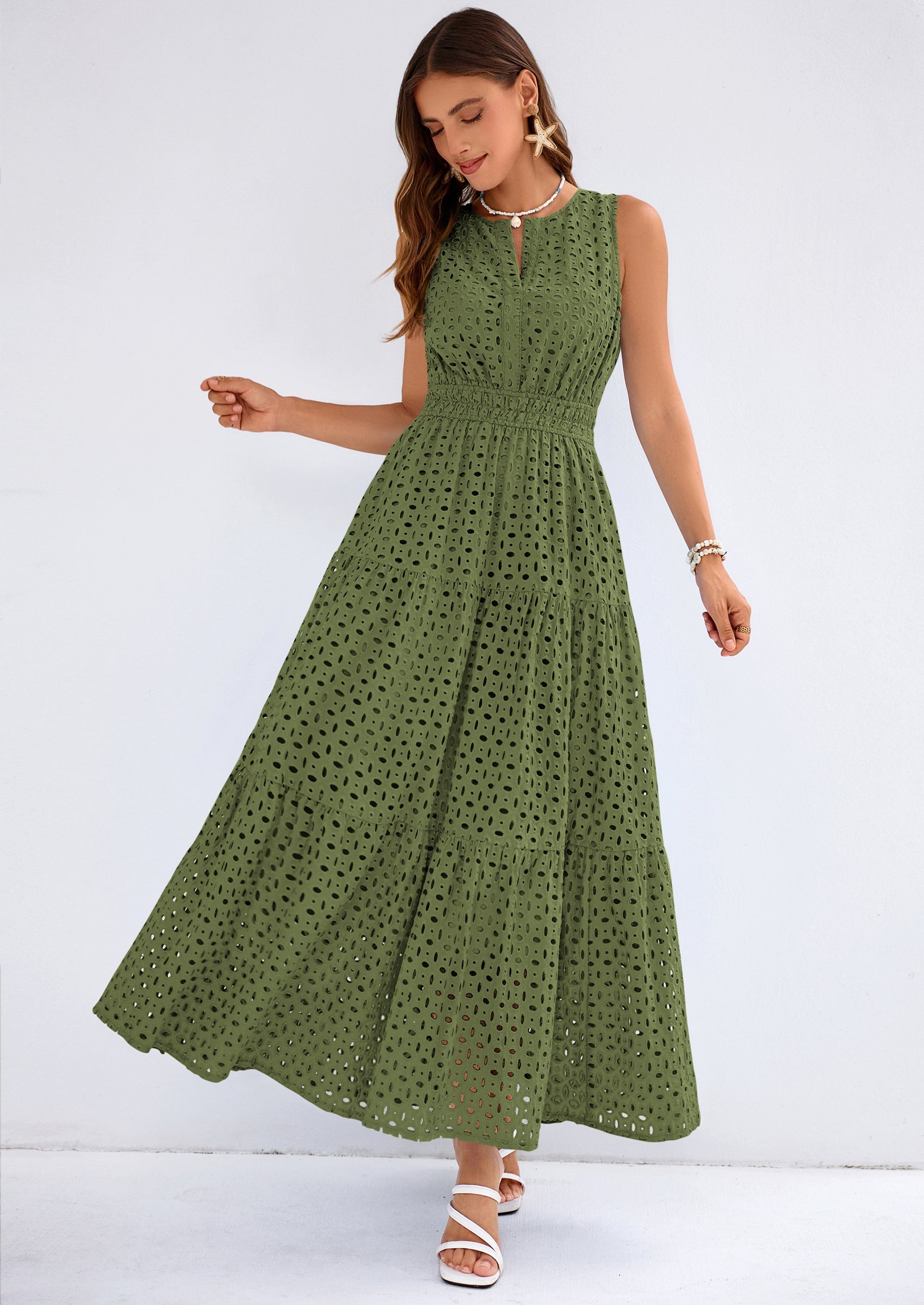 PRETTYGARDEN Summer Dresses for Women Sundresses Sleeveless V Neck Eyelet A Line Flowy Beach Vacation Spring Maxi Dress PRETTYGARDEN