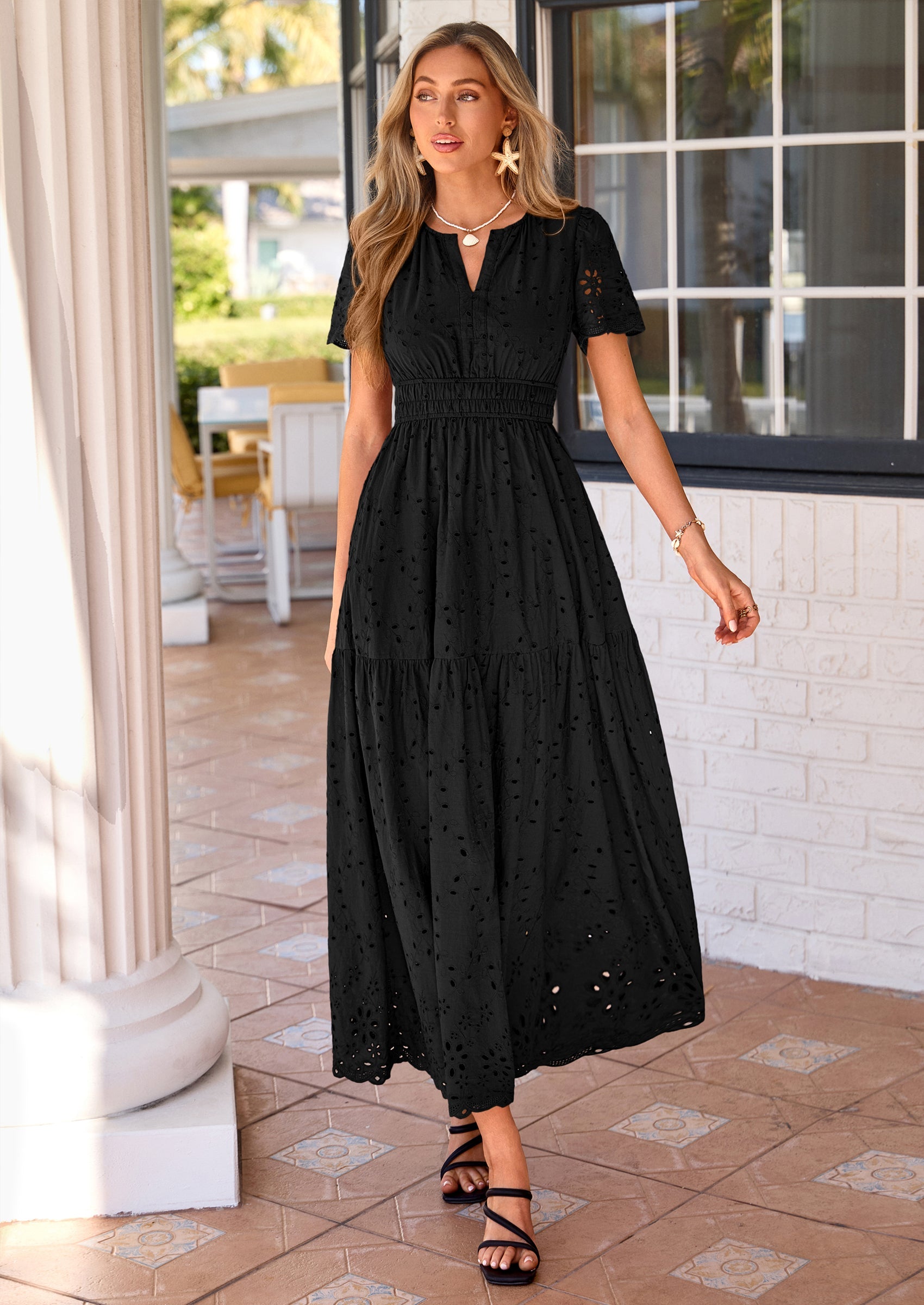 PRETTYGARDEN Short Sleeve Spring Dresses for Women Elegant Classy Boho High Waist A Line Pleated Wedding Guest Dress PRETTYGARDEN