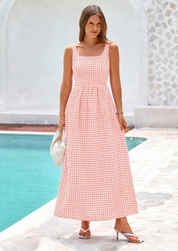 PRETTYGARDEN Women's Summer Spaghetti Strap Maxi Dresses Plaid Square Neck A Line Casual Beach Vacation Long Sundress