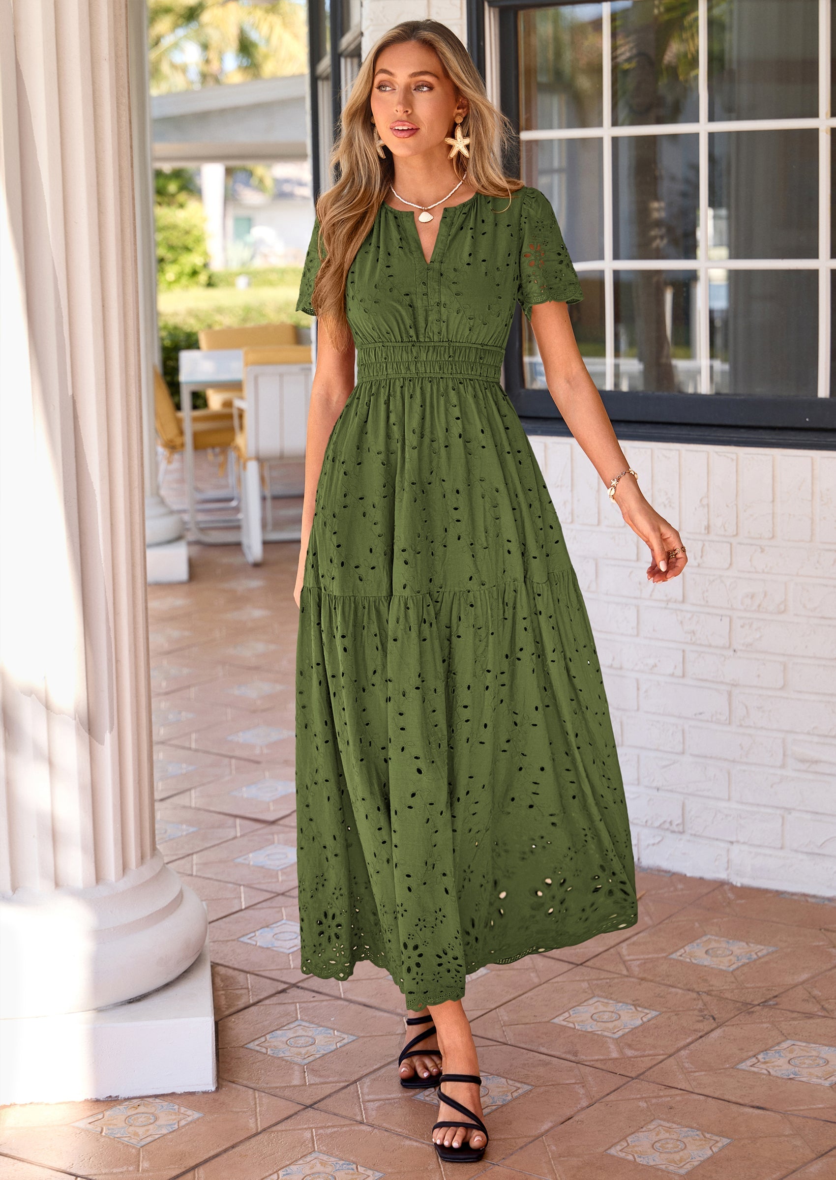 PRETTYGARDEN Short Sleeve Spring Dresses for Women Elegant Classy Boho High Waist A Line Pleated Wedding Guest Dress PRETTYGARDEN
