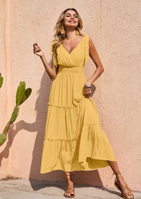 PRETTYGARDEN Women's Cross Neck Spring Sleeveless Tiered Maxi Dress Beach Tie Strap Smocked Long Dresses Pleated Sundress