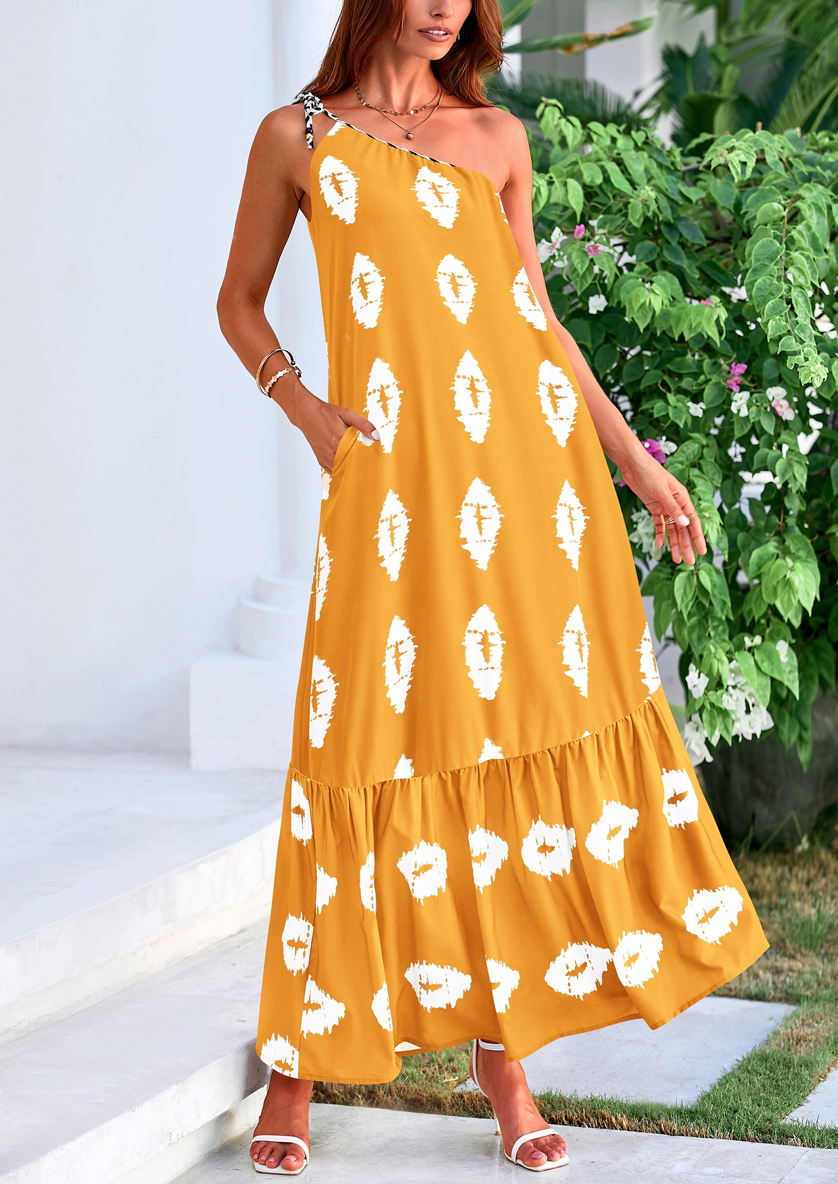 PRETTYGARDEN Women's Summer Maxi Dresses One Shoulder Printed Flowy Boho Beach Vacation Long Sundress