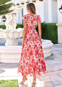 PRETTYGARDEN Womens Summer Maxi Dress V Neck Ruffle Sleeve A Line Floral Cocktail Dresses for Women Beach Vacation Outfits