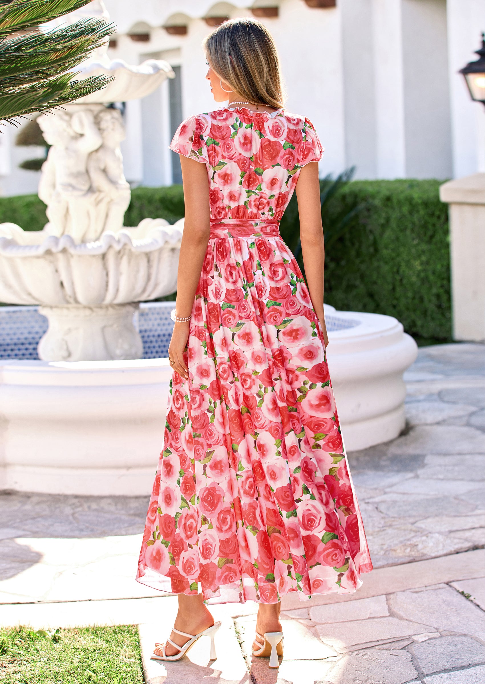PRETTYGARDEN Womens Summer Maxi Dress V Neck Ruffle Sleeve A Line Floral Cocktail Dresses for Women Beach Vacation Outfits