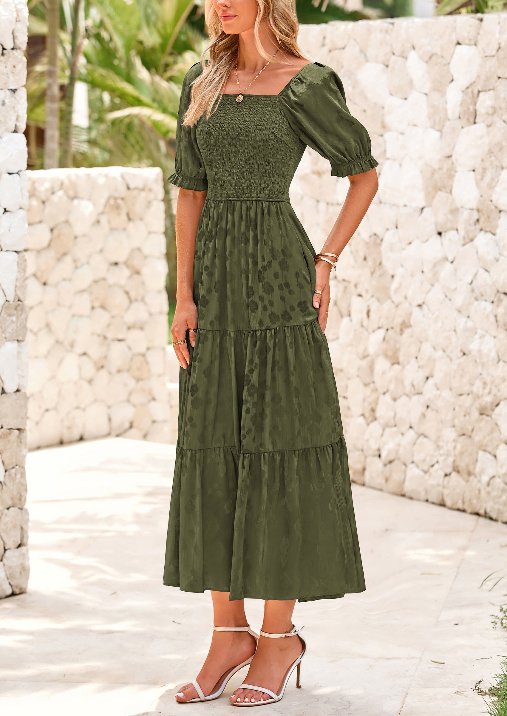 PRETTYGARDEN Women's Casual Midi Dresses Square Neck Short Sleeve Smocked A Line Floral Flowy Elegant Boho Dress