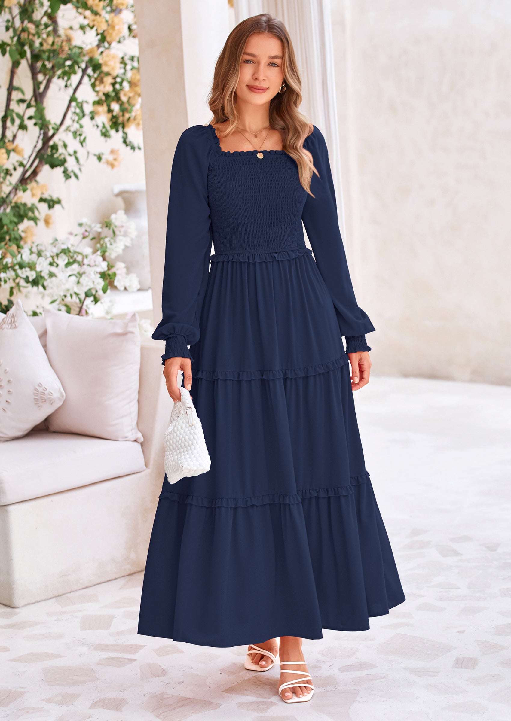 PRETTYGARDEN Fall Wedding Guest Dresses for Women Long Sleeve Square Neck Tiered A Line Modest Elegant Flowy Dresses