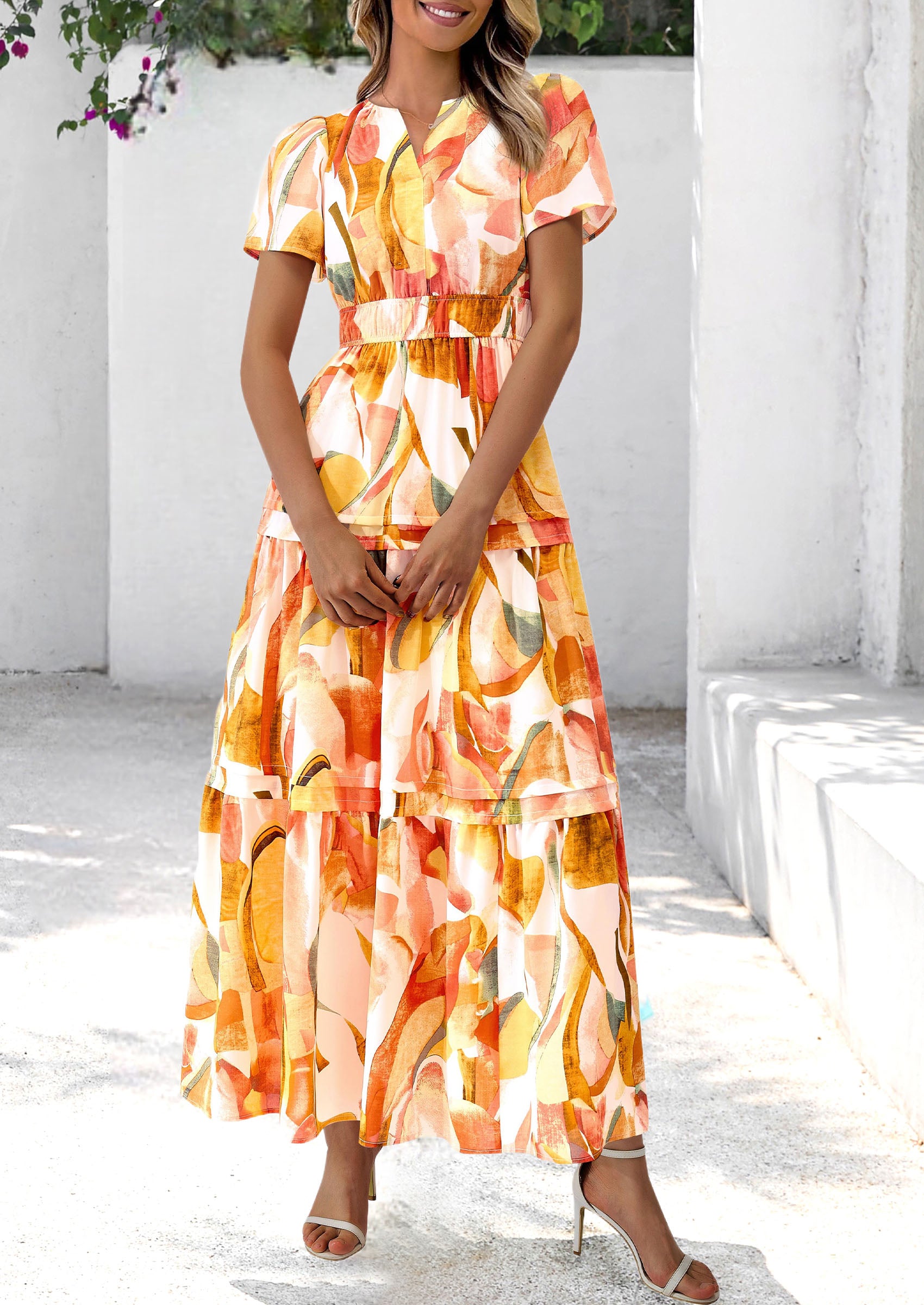 PRETTYGARDEN Women's Boho Maxi Dresses Floral Short Sleeve V Neck A Line Tiered Flowy Long Beach Vacation Dress