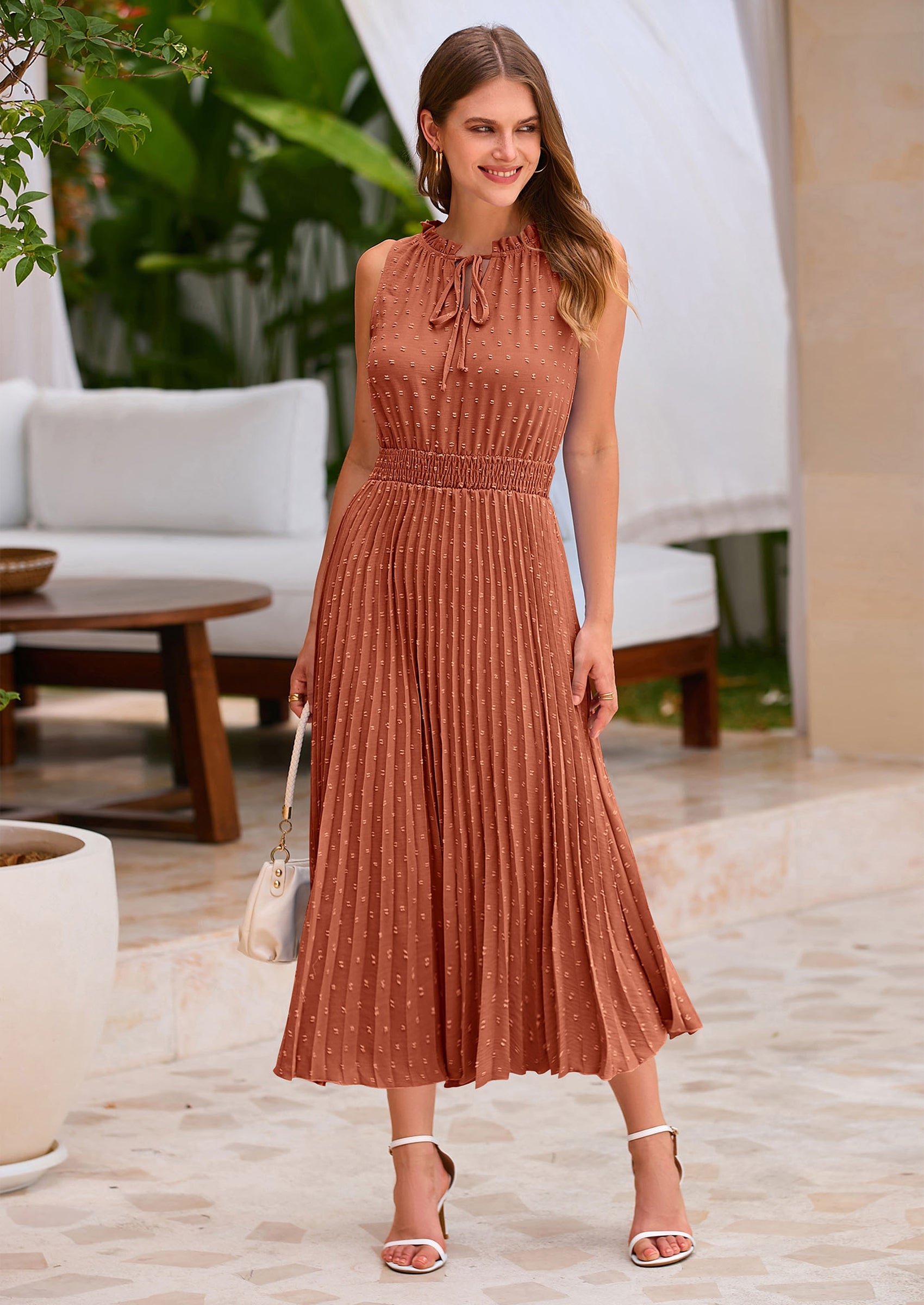 PRETTYGARDEN Women's Midi Summer Dresses Casual V Neck Swiss Dot Ruffle Sleeveless A Line Beach Sun Dress