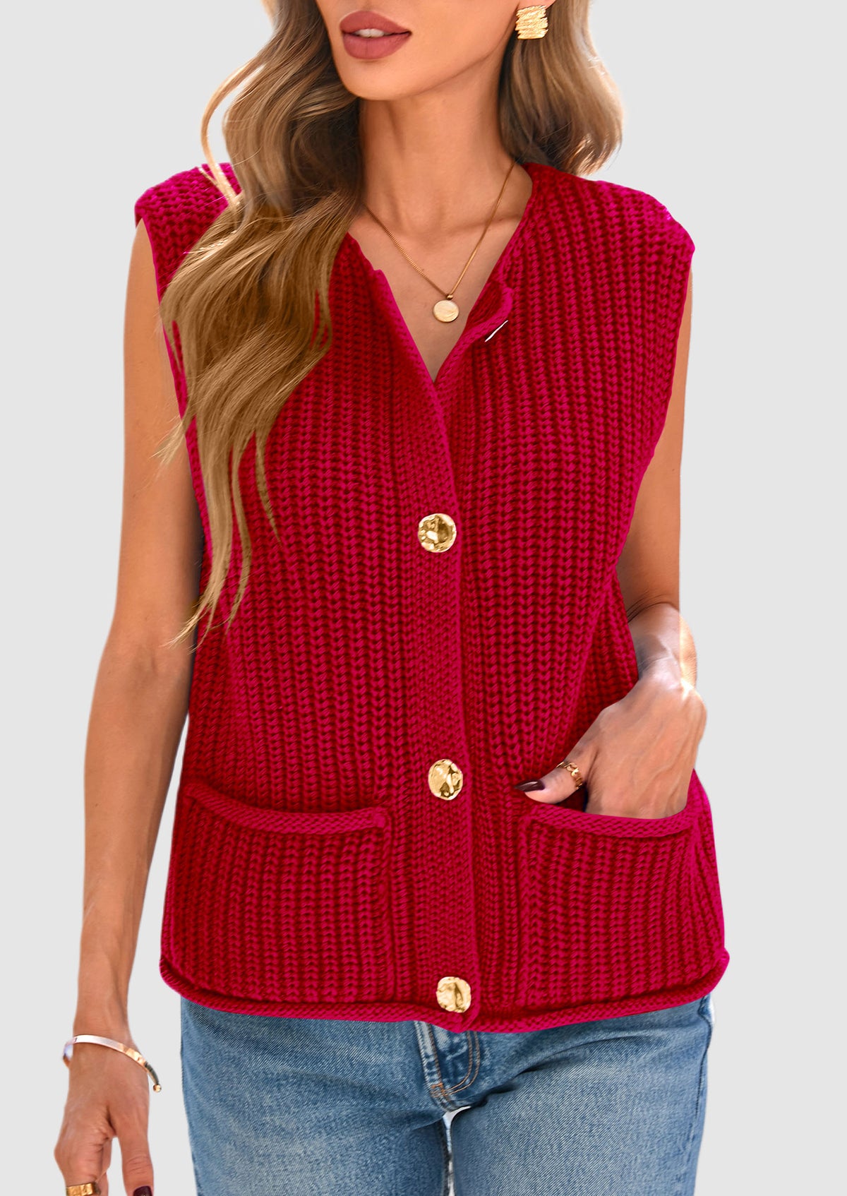 Sleeveless Button Down Cropped Chunky Knit Cardigan Trendy Tank Tops with Pockets