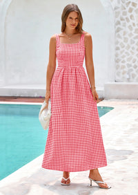 PRETTYGARDEN Women's Summer Spaghetti Strap Maxi Dresses Plaid Square Neck A Line Casual Beach Vacation Long Sundress