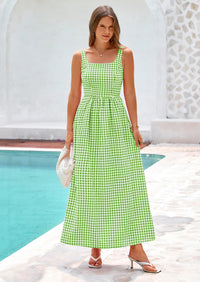PRETTYGARDEN Women's Summer Spaghetti Strap Maxi Dresses Plaid Square Neck A Line Casual Beach Vacation Long Sundress