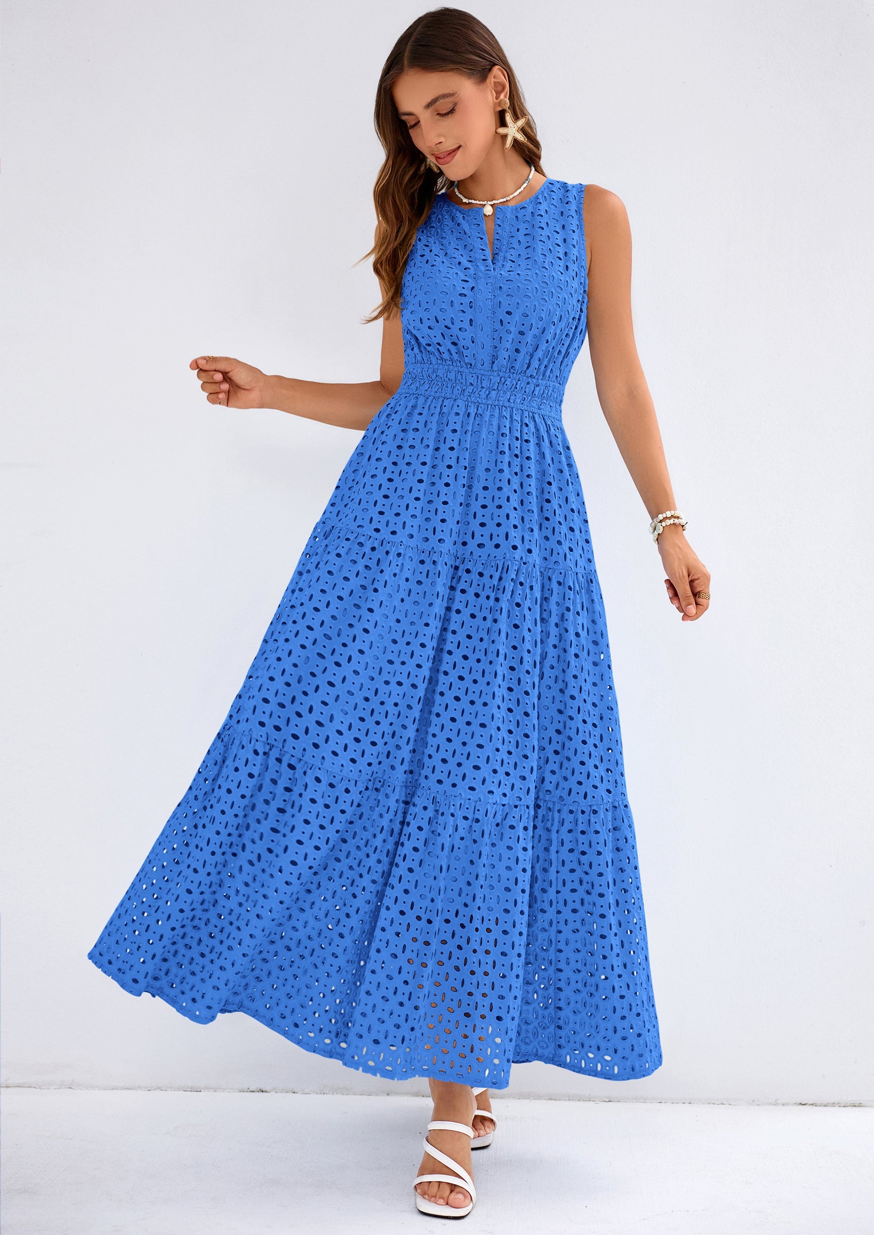PRETTYGARDEN Summer Dresses for Women Sundresses Sleeveless V Neck Eyelet A Line Flowy Beach Vacation Spring Maxi Dress