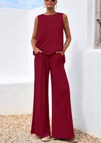 PRETTYGARDEN Women's Two Piece Matching Lounge Sets Asymmetrical Split Tank Tops Wide Leg Pants Summer Outfits Tracksuit