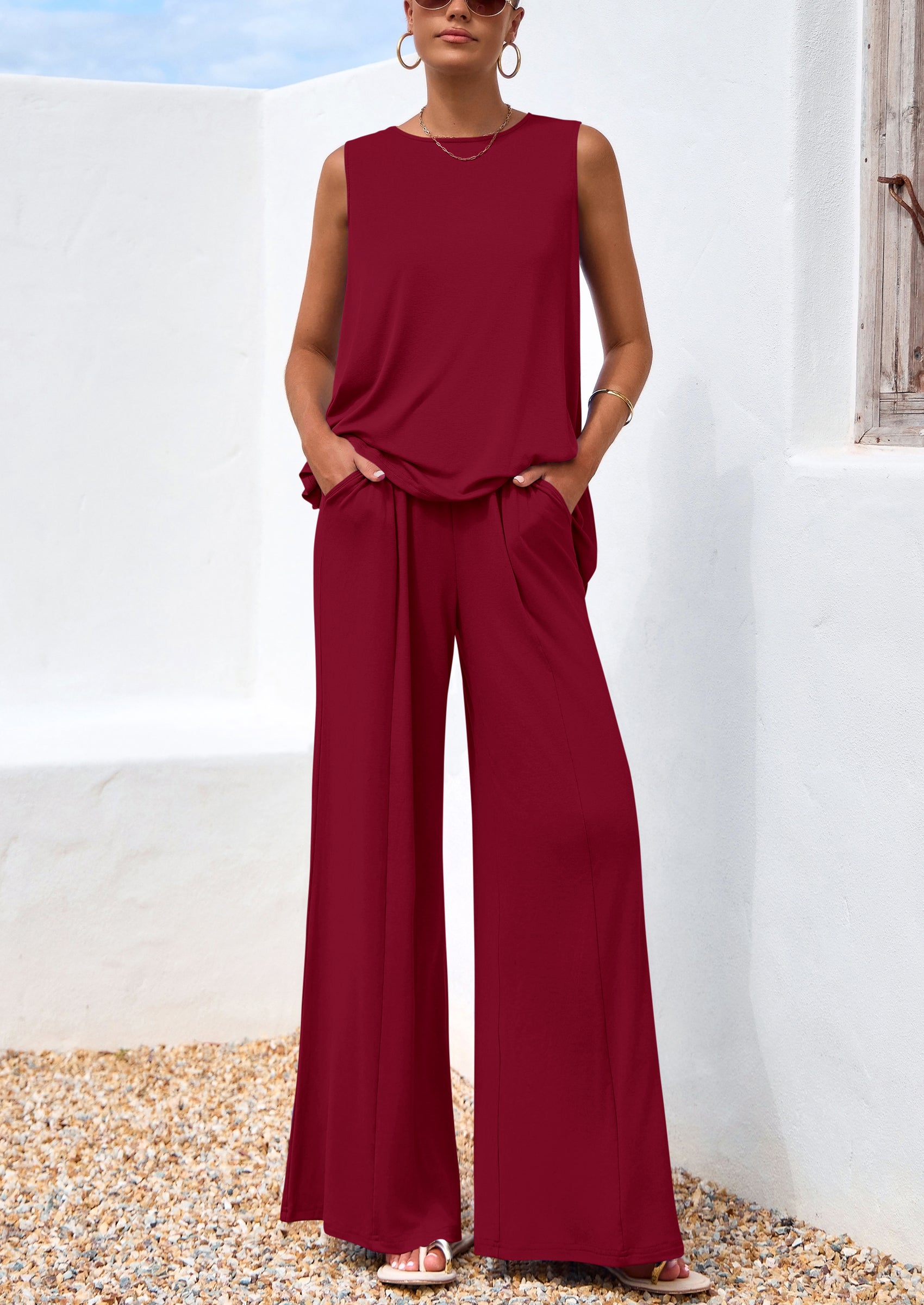 PRETTYGARDEN Women's Two Piece Matching Lounge Sets Asymmetrical Split Tank Tops Wide Leg Pants Summer Outfits Tracksuit