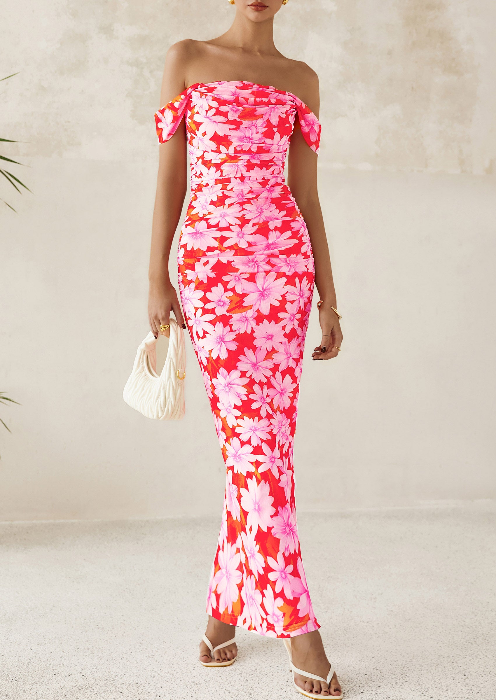 PRETTYGARDEN Maxi Dresses for Women Summer Elegant Floral Off Shoulder Ruched Mesh Cocktail Wedding Guest Dress