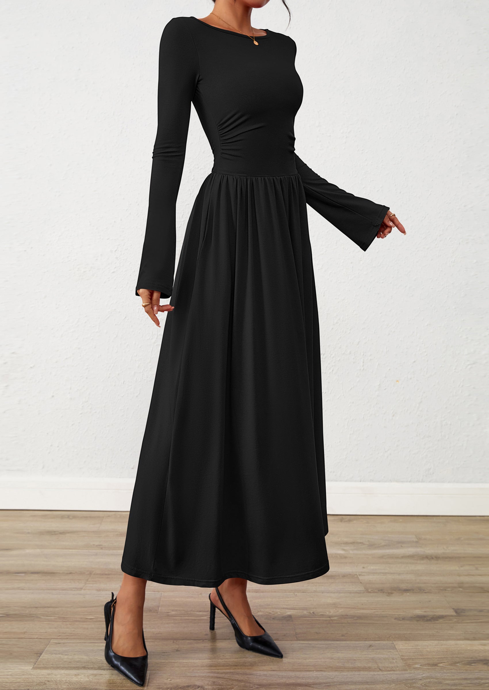 BTFBM Long Sleeve Maxi Dresses for Women Fall Casual Ruched Boat Neck Flowy Elegant Formal Wedding Guest Dress