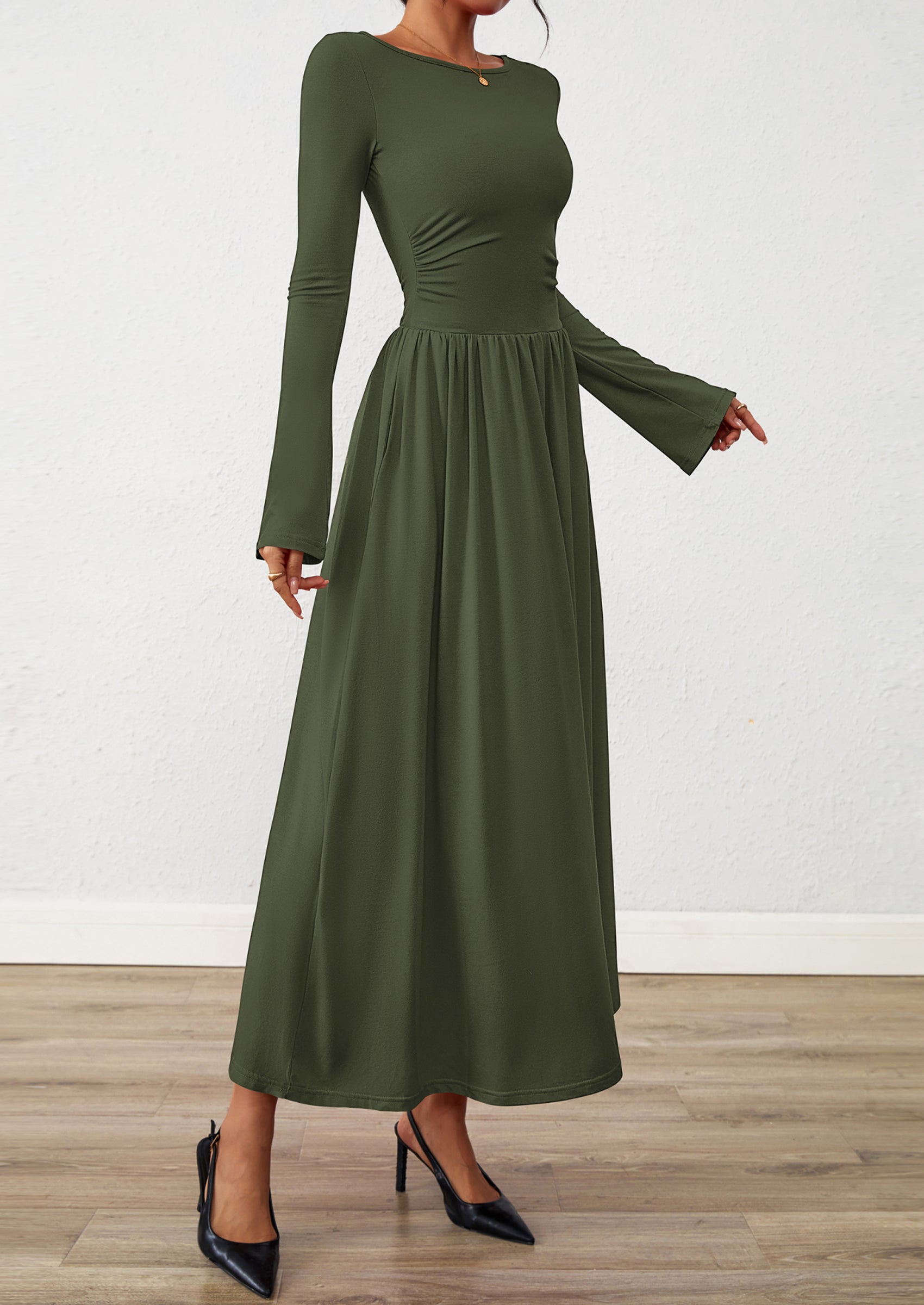 BTFBM Long Sleeve Maxi Dresses for Women Fall Casual Ruched Boat Neck Flowy Elegant Formal Wedding Guest Dress