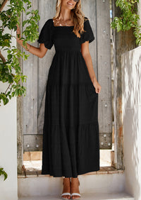 PRETTYGARDEN Womens Summer Puff Short Sleeve Maxi Dress Square Neck Smocked Tiered Ruffle A Line Long Flowy Beach Dresses