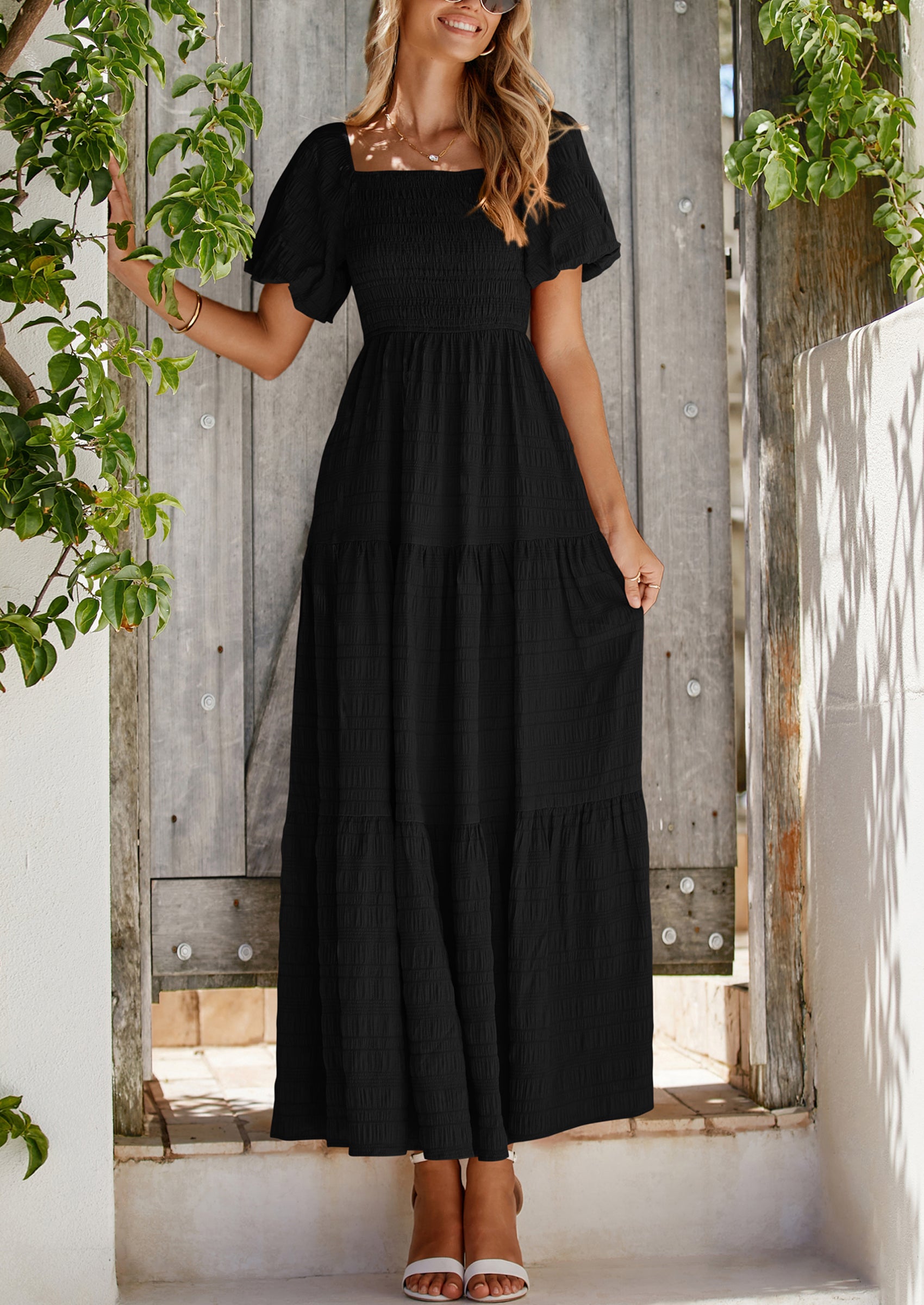 PRETTYGARDEN Womens Summer Puff Short Sleeve Maxi Dress Square Neck Smocked Tiered Ruffle A Line Long Flowy Beach Dresses