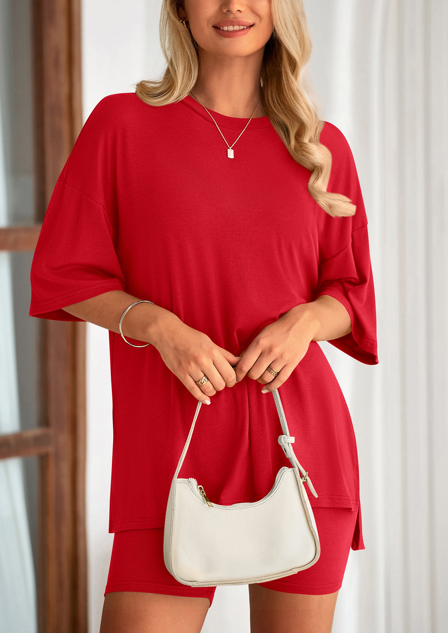 PRETTYGARDEN Women's Two Piece Lounge Set Summer Casual Oversized Shirts Biker Shorts Matching Airport Travel Outfit