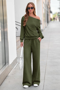 PRETTYGARDEN Womens 2 Piece Casual Matching Lounge Sets  Fashion Off the Shoulder Sweatshirt, Wide Leg Pants with Pockets, Comfy Airport Travel Outfit, 2026 Trendy Fall Set