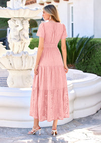 PRETTYGARDEN Womens Boho Maxi Dress Floral Summer Spring Short Sleeve V Neck A Line Embroidered Beach Vacation Dresses